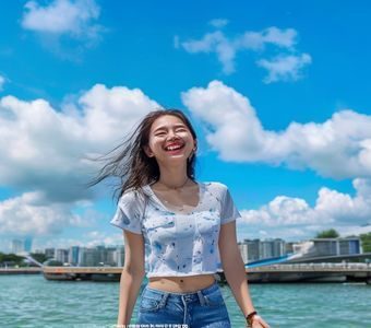桥本有菜户外活力写真，蓝天白云背景下她展现青春动感的一面，笑容明媚充满感染力