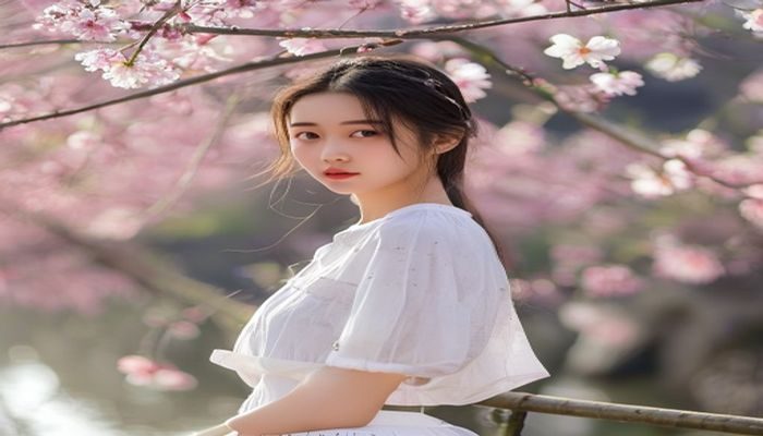 桥本有菜清纯系列写真代表作，日系自然风格摄影，她身着白色简约服装在樱花背景下展现少女感
